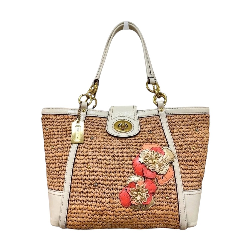 Coach Hamptons Straw Tote Bag Tea Rose Ivory Leather Turnlock 19356